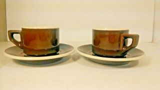 2 Vintage Acf Italy Espresso Demitasse Cups And Saucers Brown White