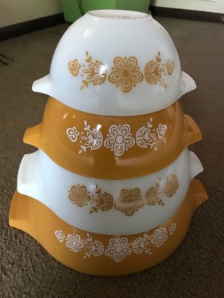 Pyrex Butterfly Gold Cinderella Mixing Bowls Set Of 4 Nesting Vintage 441 To 444