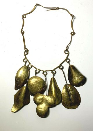 Vtg Mid Century Brutalist Lillo Pendant Necklace Hammered Brass Abstract Hanging