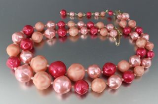 Vintage 50’s Pink Multi 2 Strand Plastic Pearl Graduated Bead Necklace Japan