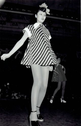 1972 Vintage Photo Leggy Fashion Model In Kansai Yamamoto Striped Mini Dress