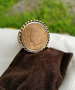 1908 Indian Head Penny Coin Ring - Gold Plated Vintage Coin Ring - Size 9