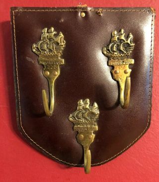 (3) Vintage Solid Brass Ship Wall Hooks On Leather Plaque Galleon Golden Hind
