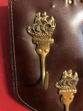 (3) Vintage Solid Brass Ship Wall Hooks On Leather Plaque Galleon Golden Hind 2