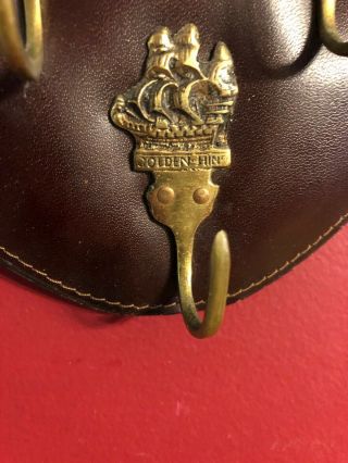 (3) Vintage Solid Brass Ship Wall Hooks On Leather Plaque Galleon Golden Hind 3