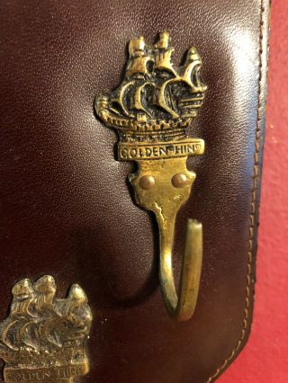 (3) Vintage Solid Brass Ship Wall Hooks On Leather Plaque Galleon Golden Hind 4