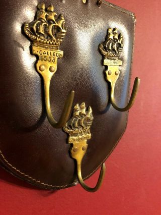 (3) Vintage Solid Brass Ship Wall Hooks On Leather Plaque Galleon Golden Hind 5