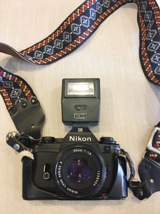 Vintage Nikon Em 35mm Film Camera W/ 50mm E Series Lens,  Strap,  & Flash