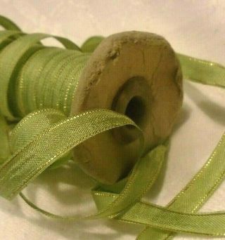 10 Yds Vintage 1/4 " Wide Celadon Green Ribbon W/ Gold Metallic Edges
