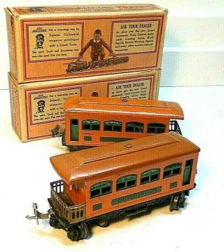 Vintage Lionel O Gauge 629 & 630 Yellow Tin Passenger Cars - 2 Nr.  In Boxes