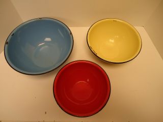 Vintage Enamel Ware Porcelain Metal Bowls Set Of Three 4