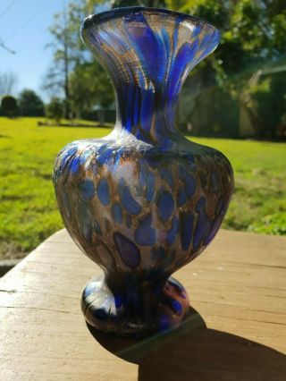 Vintage Blue Iridescent Hand Blown Art Glass Vase