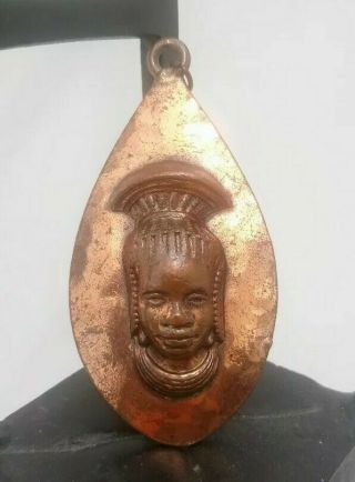 Large Vintage Hammered Tribal Copper African Face Pendant Necklace 70s Ethnic