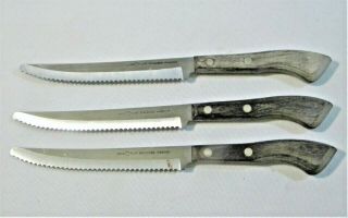 3 Vintage Ekco Flint Vanadium Stainless Arrow Head Mark Steak Knives Wood Handle