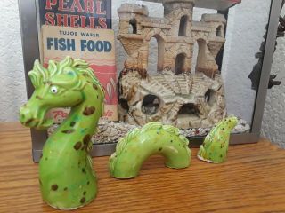 Vintage Old Aquarium Fishbowl Tank Ceramic Bisque 3 Piece Dragon Sea Serpent