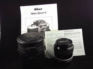 Nikon Nikkor 28mm 1:2 Wide Angle Ai Lens W/caps/case & Instructions -