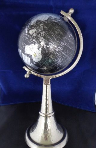 World Globe On Silvertone Base 15 " Desktop Vintage Black And Silver Map Colors