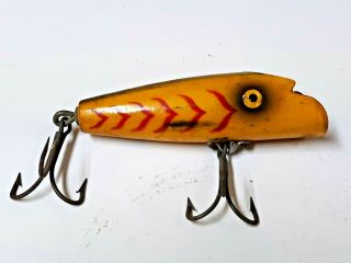 Vintage wooden fishing lure,  2 hooks,  unbranded yellow pre - owned2 2