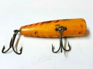 Vintage wooden fishing lure,  2 hooks,  unbranded yellow pre - owned2 3