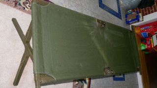Vintage Green Canvas And Wood Army Cot But Missing End Slats Or Just The Canvas