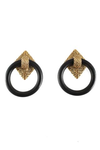 Goossens Paris Vintage Gold Tone Wood Black Clip On Hoop Earrings