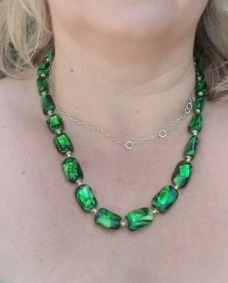 Vintage Murano Green Art Glass Art Deco Foiled Venetian Italian Beads 12 "