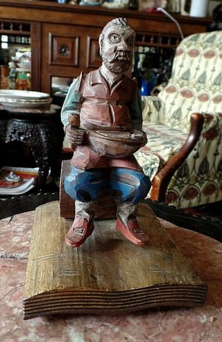 Vintage Painted Carved Wood Figurine On Gilt Wood Base