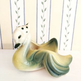 Cute Vintage Hull Pottery Swan Planter Duck Bird Bandana Green Yellow Figural