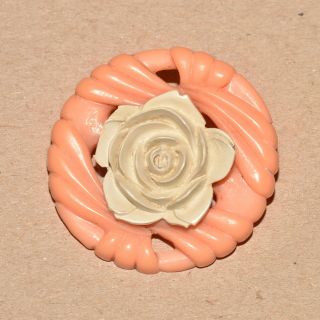 Vintage Antique Early Plastic Celluloid Flower Brooch Pin Floral Pink White