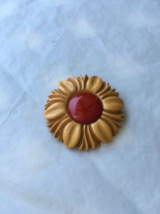 Vintage Bakelite Mustard Yellow Cherry Red Round Carved Pin Brooch 60mm
