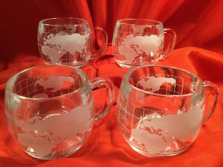 Nestle.  Vintage Frosted World Globe Clear Glass Coffee Tea Mugs.  Set Of 4