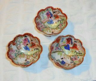 Vintage (3) Red Geisha Girl Hand Painted Porcelain Nut Cups