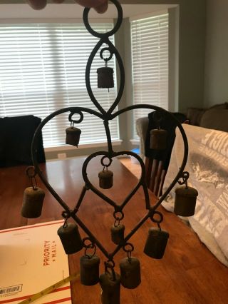 Vintage Rustic Heart Shaped Cow Bell Wind Chimes Iron Primitative