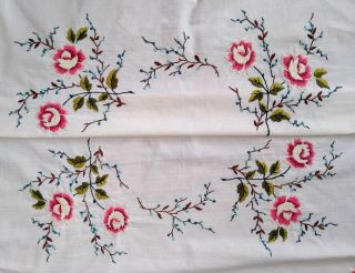 Exquisite Vintage Linen Hand Embroidered Tablecloth Peonies Blossom