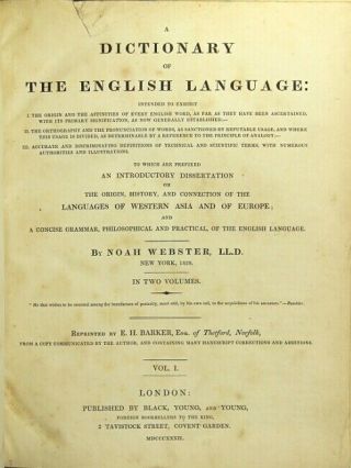 Noah Webster / Dictionary Of The English Language Intended To Exhibit I 1st 1832