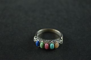 Vintage Sterling Silver Ring W Blue Green & Pink Stones - 6g