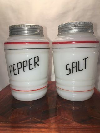 Vintage Hazel Atlas Range Salt & Pepper Set White Milk Glass Red And Black Rings
