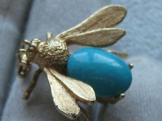 Vintage Gold Plated Turquoise Stone Bug Brooch 1937 Farnham Patent Design Clasp