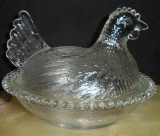 Vintage Hobnail Clear Glass Nesting Hen Chicken Trinket Bowl Dome Indiana