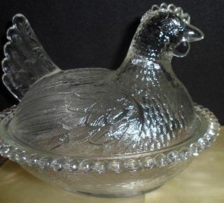 Vintage Hobnail Clear Glass Nesting Hen Chicken Trinket Bowl Dome Indiana 3