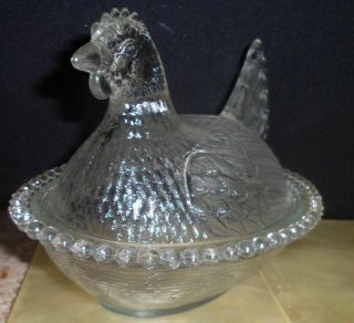 Vintage Hobnail Clear Glass Nesting Hen Chicken Trinket Bowl Dome Indiana 4