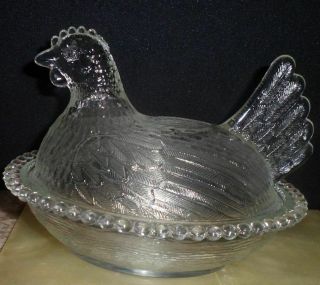 Vintage Hobnail Clear Glass Nesting Hen Chicken Trinket Bowl Dome Indiana 5