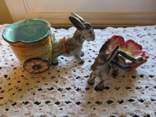 Two Vintage Italy Majolica Pottery Whimsical Donkey Cart Planters 7” Numbered