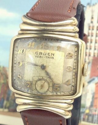 Vintage Gruen Veri - Thin 10k G.  F.  15j.  Art Deco Mens Watch W/ Leather Band (e23)
