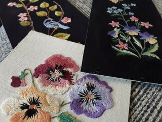 3 Vintage 1950s Hand Embroidered Pictures Birds Floral Flowers Embroidery