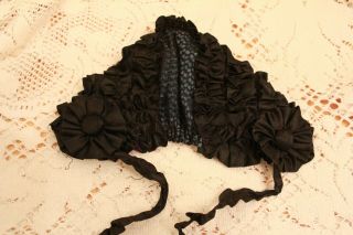 Antique Black Silk Lace Ribbon and Netting Doll Hat For German or French Doll 4