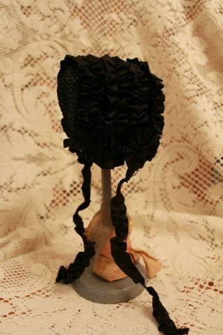 Antique Black Silk Lace Ribbon and Netting Doll Hat For German or French Doll 7