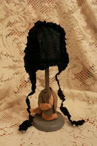 Antique Black Silk Lace Ribbon and Netting Doll Hat For German or French Doll 8