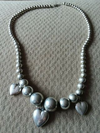 Vtg Southwest Sterling Silver Puffy Heart Bead Necklace 23 " Inches
