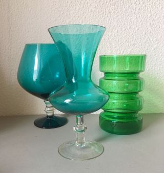 Vintage Empoli Turquoise Glass Vase.  Teal Pedestal Vase,  Italy Mid Century